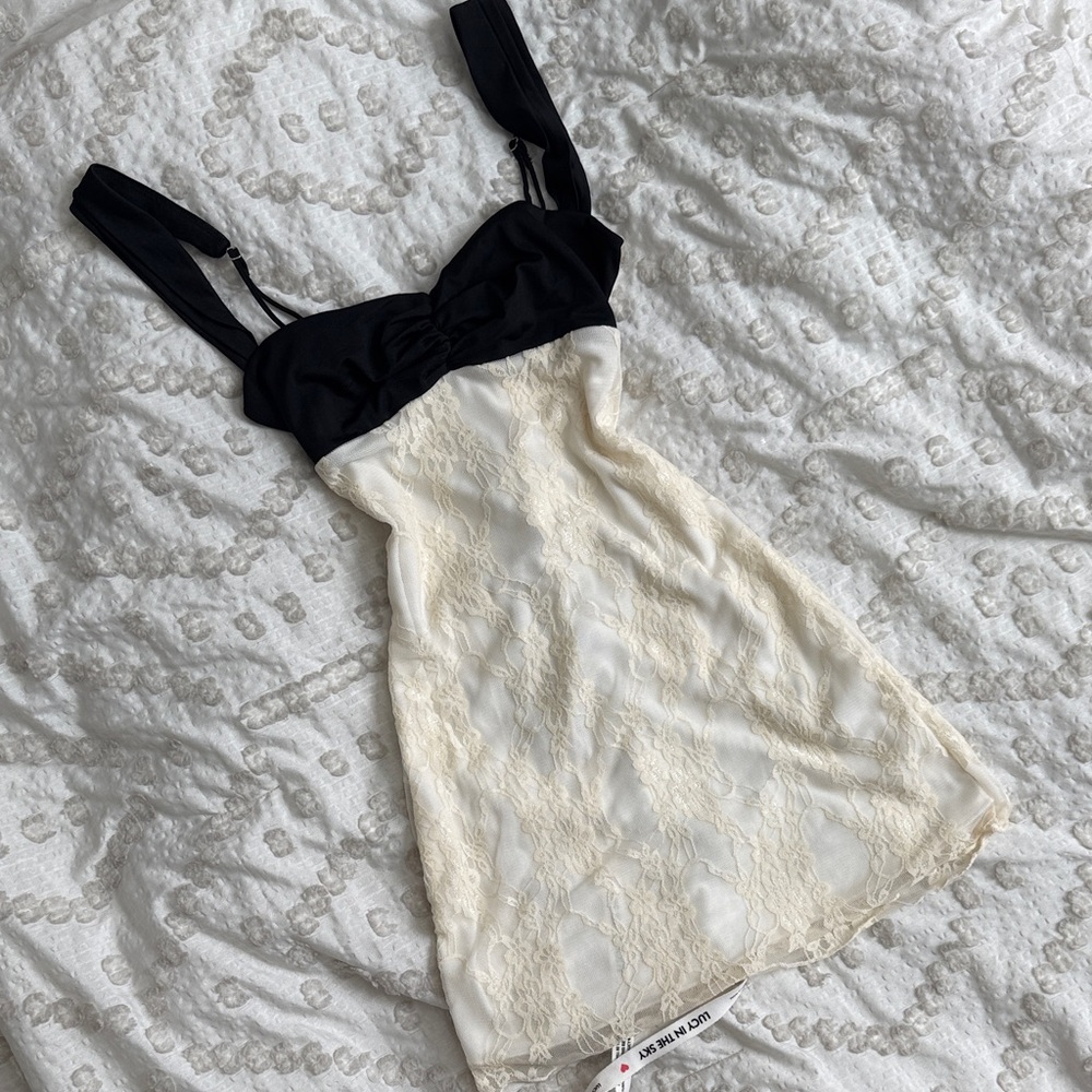 Lucy in the Sky Elegant Black and Cream Lace Mini Dress